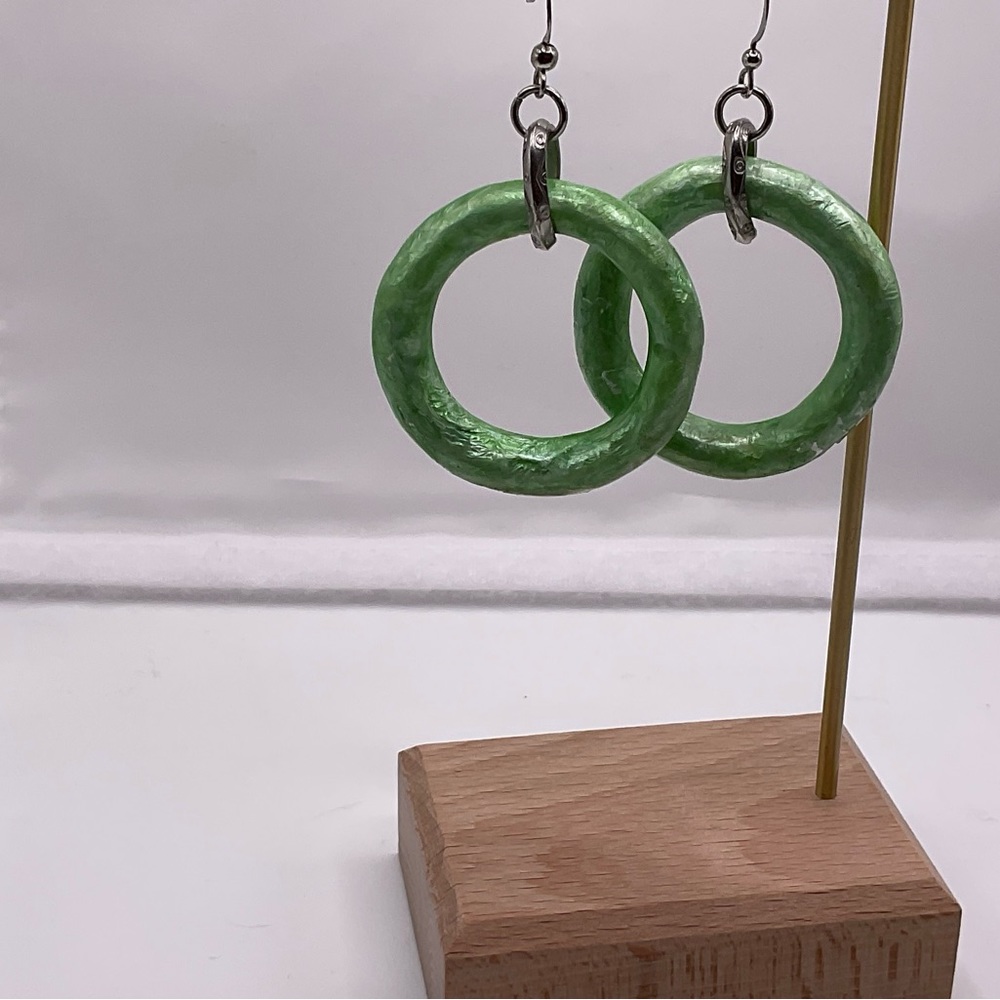 Polymer Hoops in Pearlescent Jade with silver tone accents
